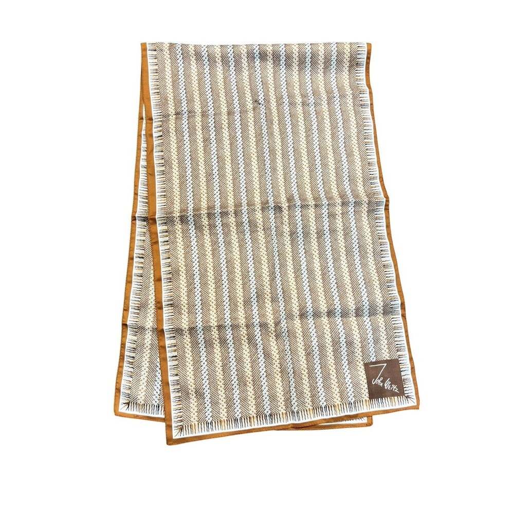 Vintage John Weitz Unisex Designer Scarf Brown Geometric Retro Satin Mod Art